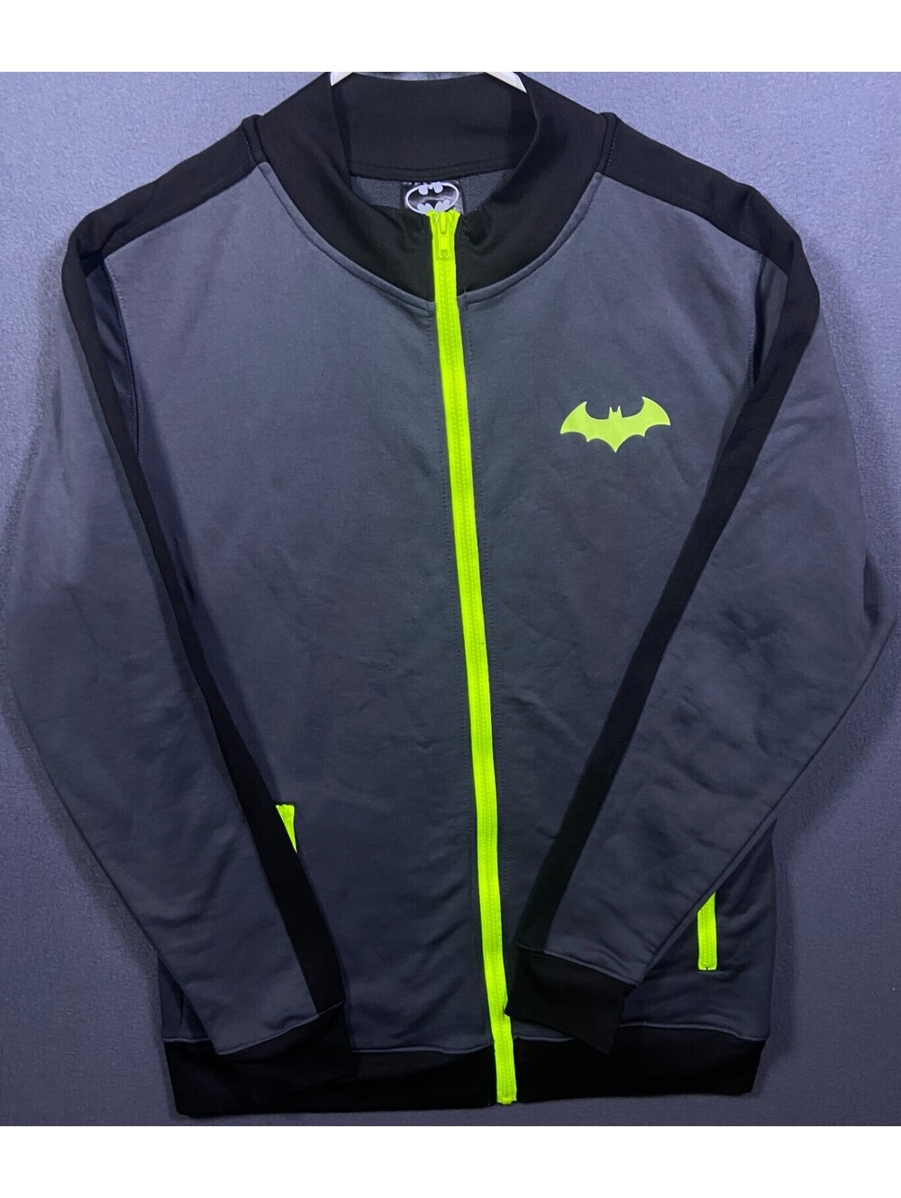 Batman DC Comics Mens M Full Zip Gray Pullover Bat Signal Neon Green Yellow EUC!
